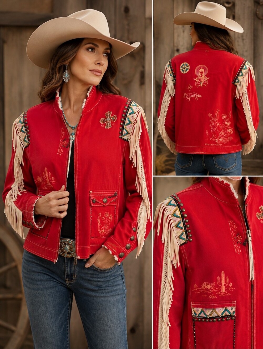 Double D Ranch Red Beaded Fringe Western Pictograph Zip Jacket  Size 1X